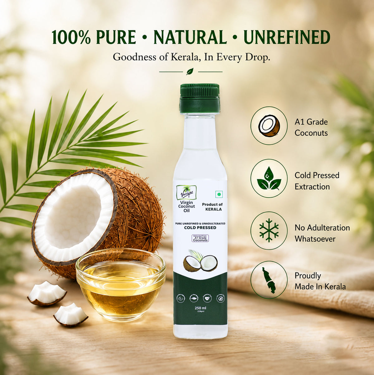 Kerala Virgin Coconut Oil, Cold-Pressed, Unrefined